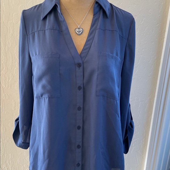 BCX Tops - Beautiful Denim Colored Long Sleeve Blouse, Med